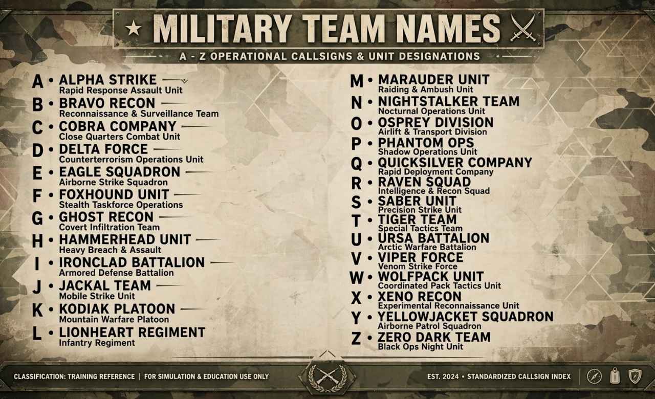 Military Team Names A–Z